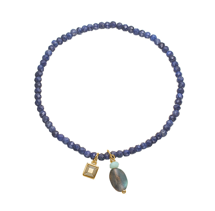 Rondelle slip-on bracelet with Sapphire, Labradorite, and Chrysoprase - gold plated