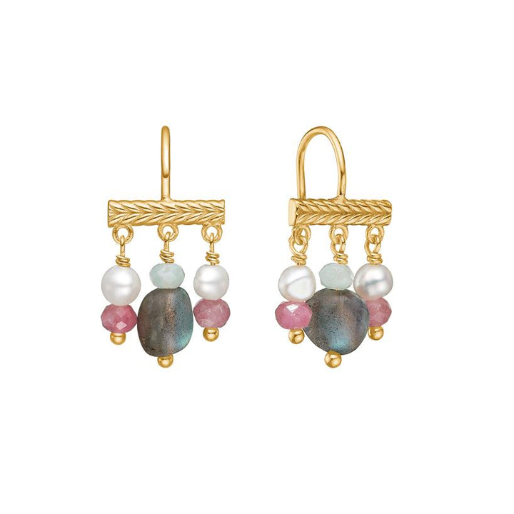 Mirage earrings with Labradorite, Chrysoprase, Pearl, and Tourmaline - gold plated