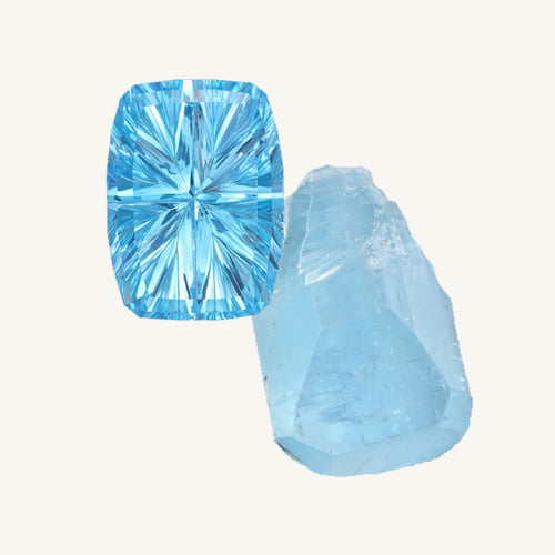 a facet-cut blue topaz and a raw blue topaz gemstone on a beige background