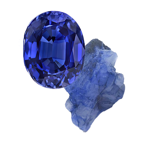 a facet-cut sapphire and a raw blue sapphire gemstone on an invisble background