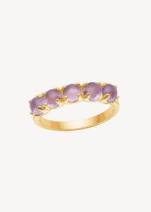 Ring in gold plated sterling silver in alliance style with five purple amethyst gemstones in a row which is February's birthstone, perfect ring with birthstones for february 