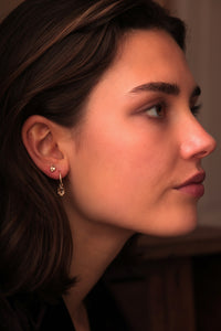 Woman with solid gold earrings from Carré Jewellery set with facet-cut champagne quartz gemstones from the stella collection