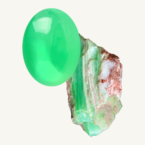 a cabochon-cut chrysoprase and a raw chrysoprase gemstone on a beige background