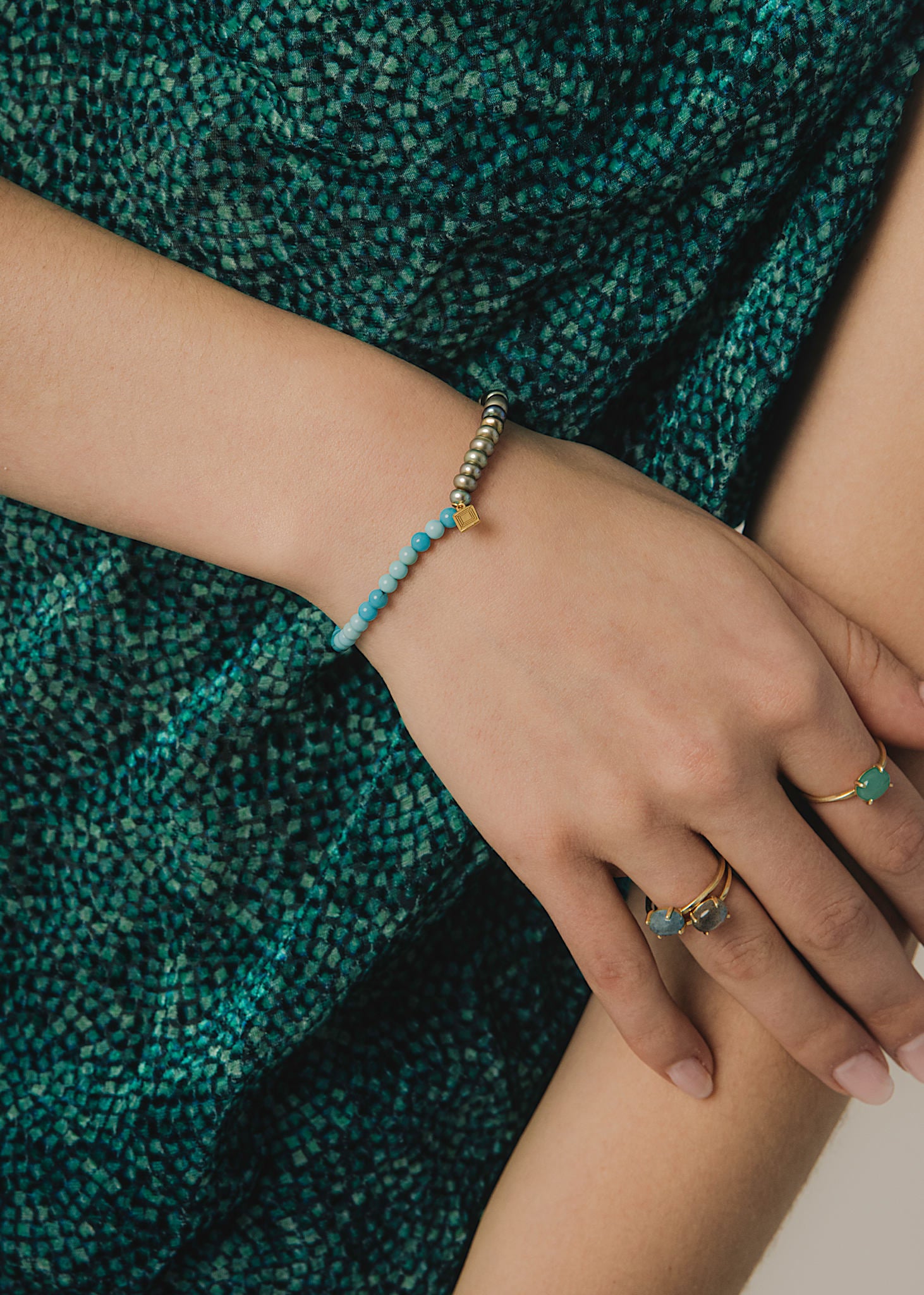 Twin bracelet with Freshwater Pearl and Turquoise - gold plated