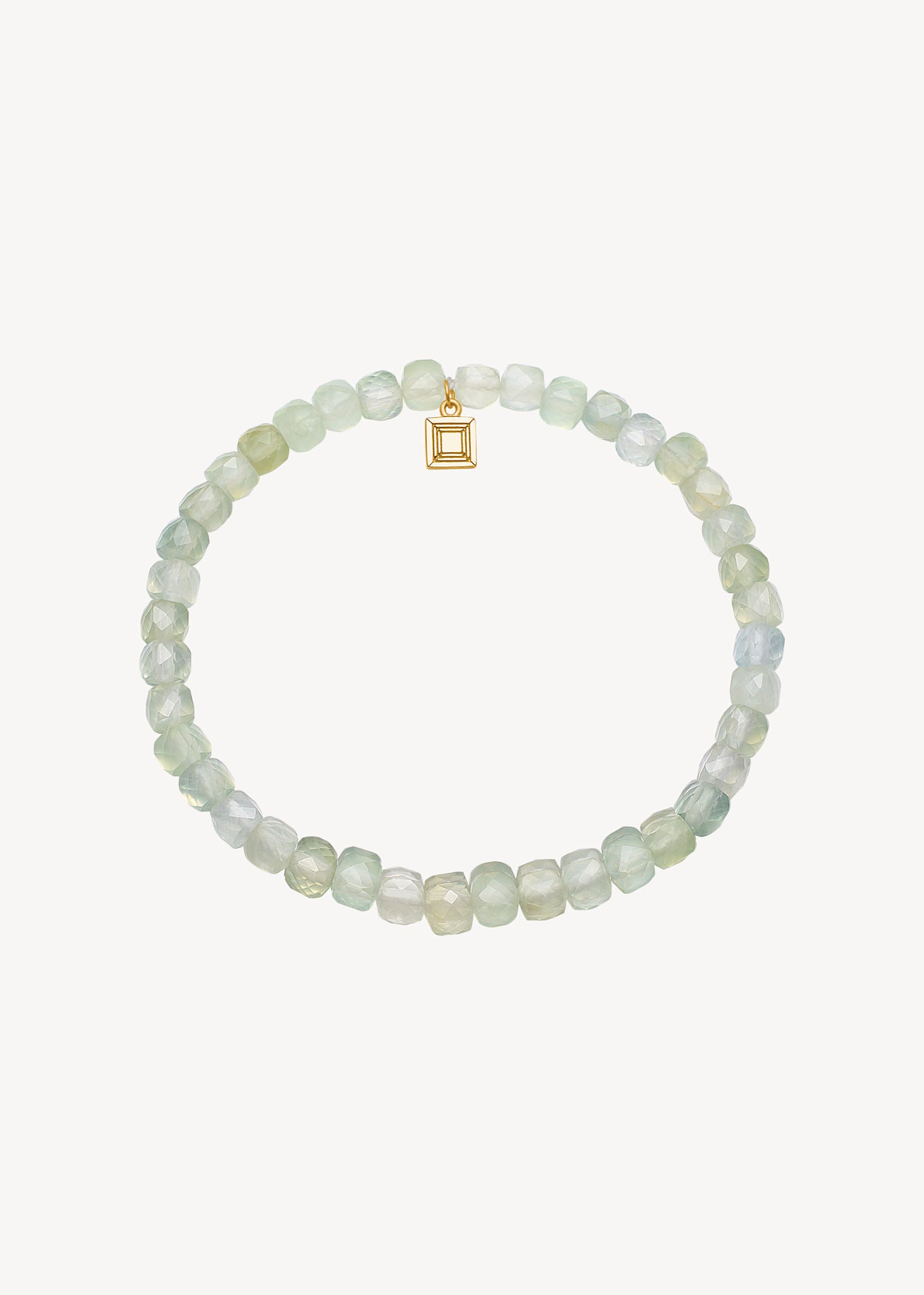 Slip on gemstone friendship bracelet from Carré Jewellery set with green Prehnite gemstones in a cube cut for wedding day jewellery and confirmations