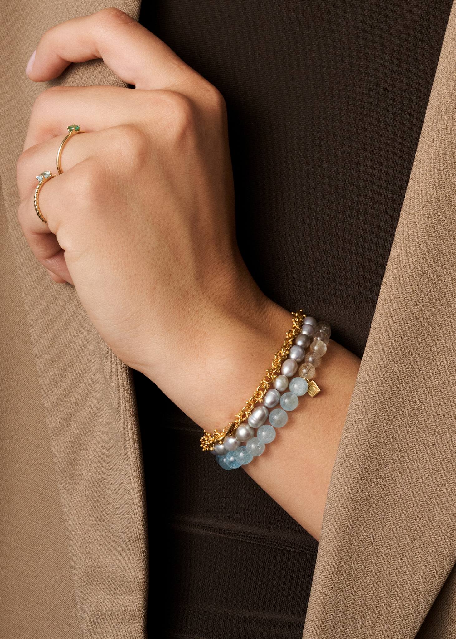 Trio bracelet with Rutilated quartz, Aquamarine and Labradorite - gold plated