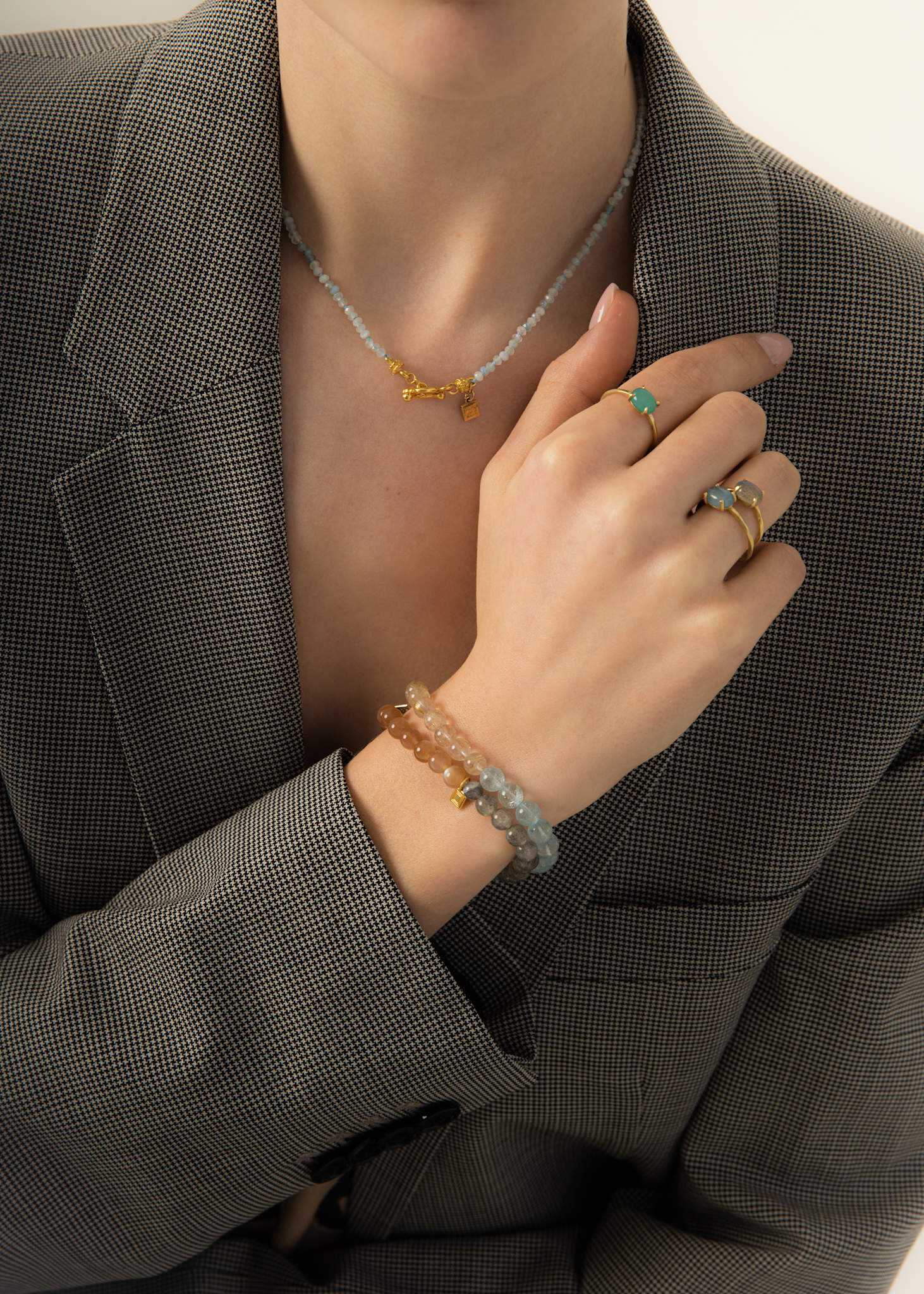 Trio bracelet with Rutilated quartz, Aquamarine and Labradorite - gold plated