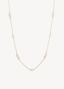 Sterling silver gold plated pearl necklace with freshwater pearls and pink rose quartz gemstones from Carré Jewellery