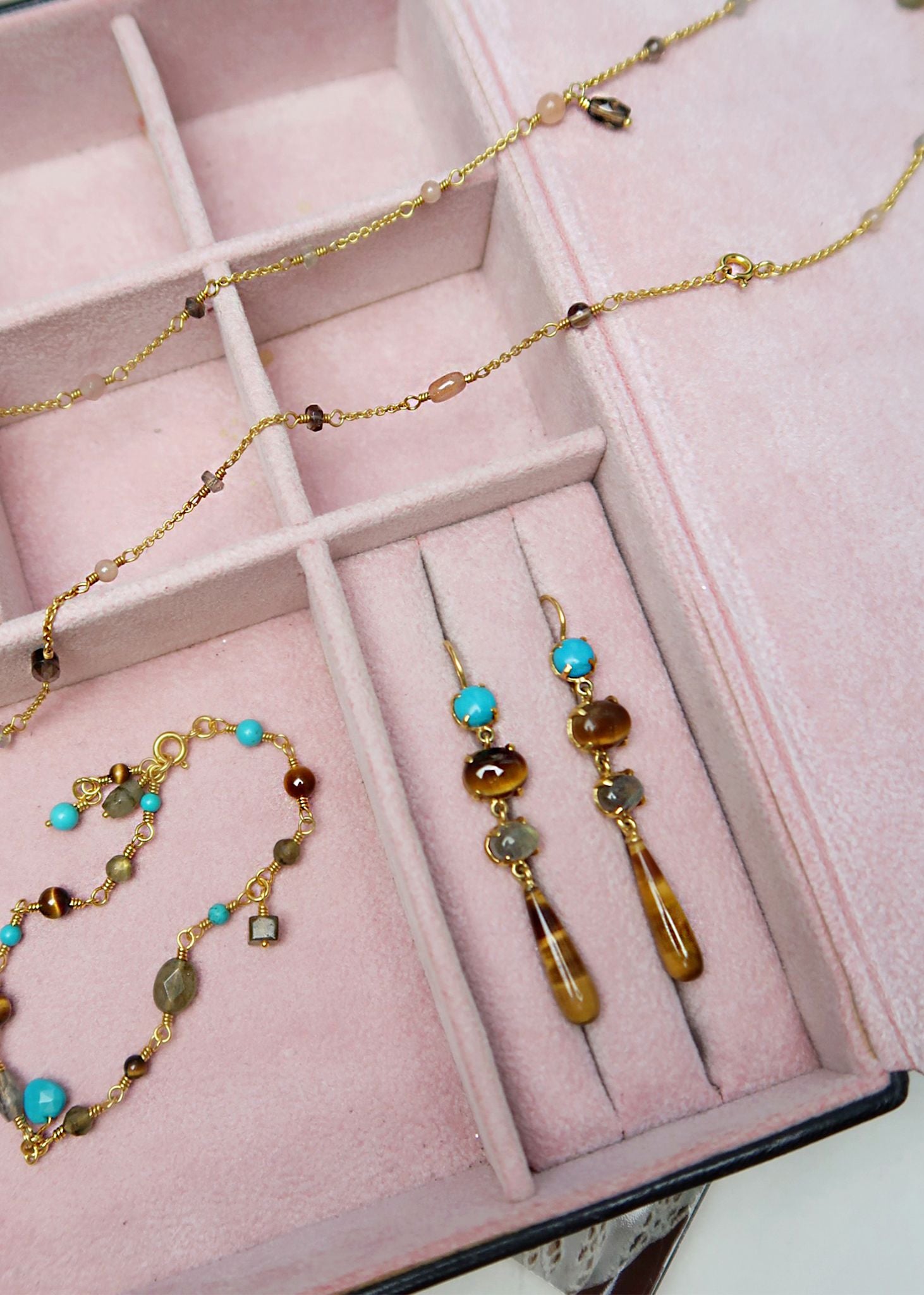 Ayanda earrings with Tiger's Eye, Turquoise and Labradorite - gold plated