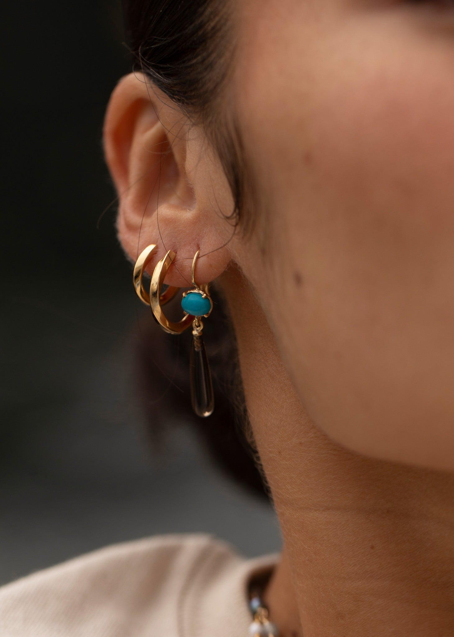 Evelyn earrings with Turquoise and smokey Quartz - gold plated