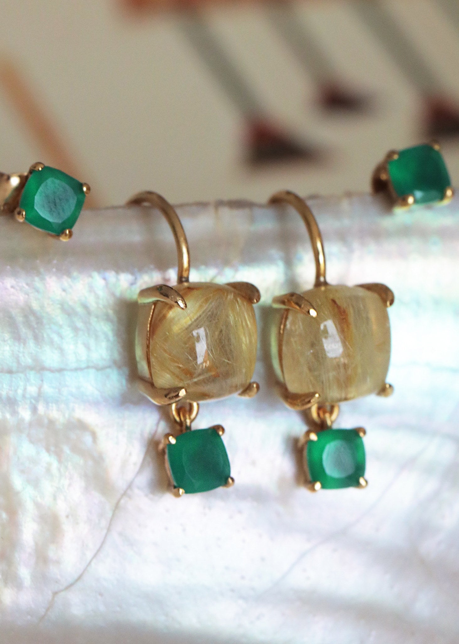 Arabic inspired gold earrings with golden rutile quartz gemstones and facet cut green agate gemstones for her