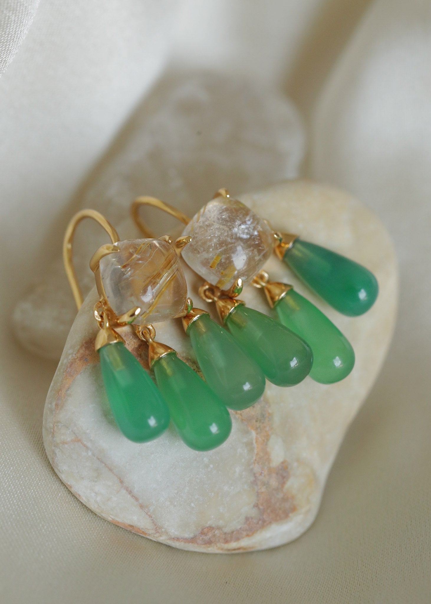 Pasha earrings with Golden Rutile Quartz and Green Agate - gold plated