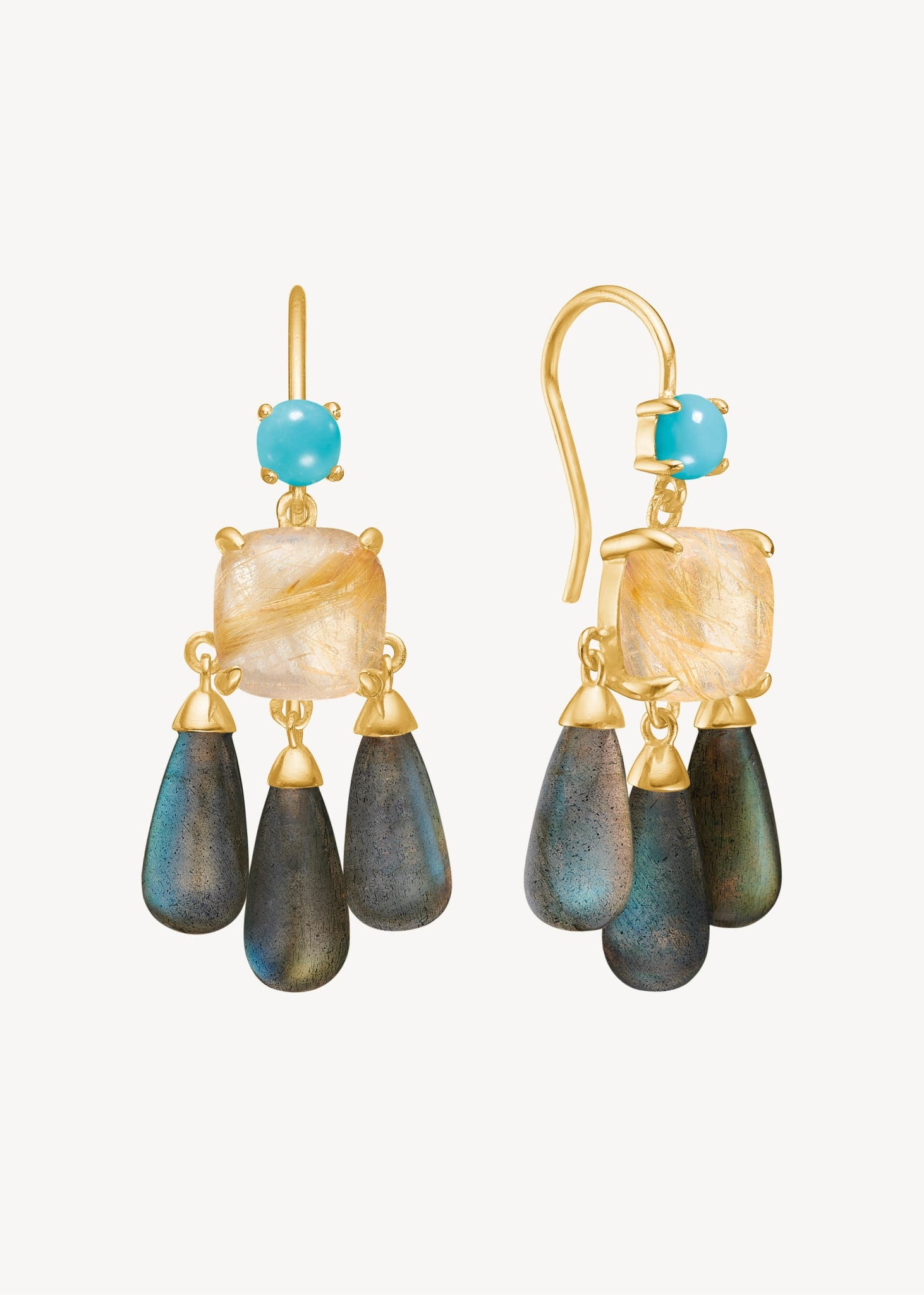 Nadia earrings with Turquoise, Golden Rutile Quartz and Labradorite - gold plated