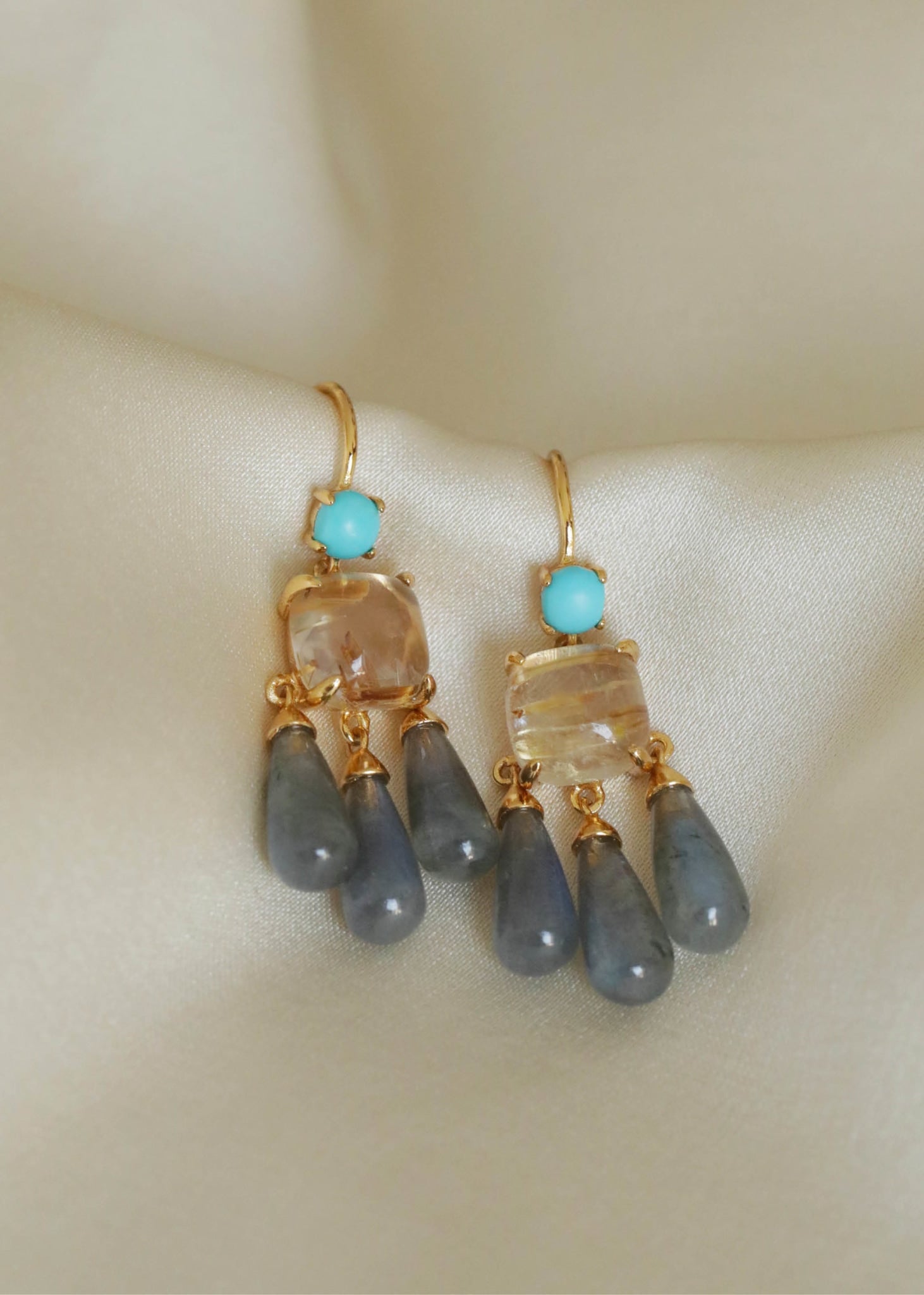 Nadia earrings with Turquoise, Golden Rutile Quartz and Labradorite - gold plated