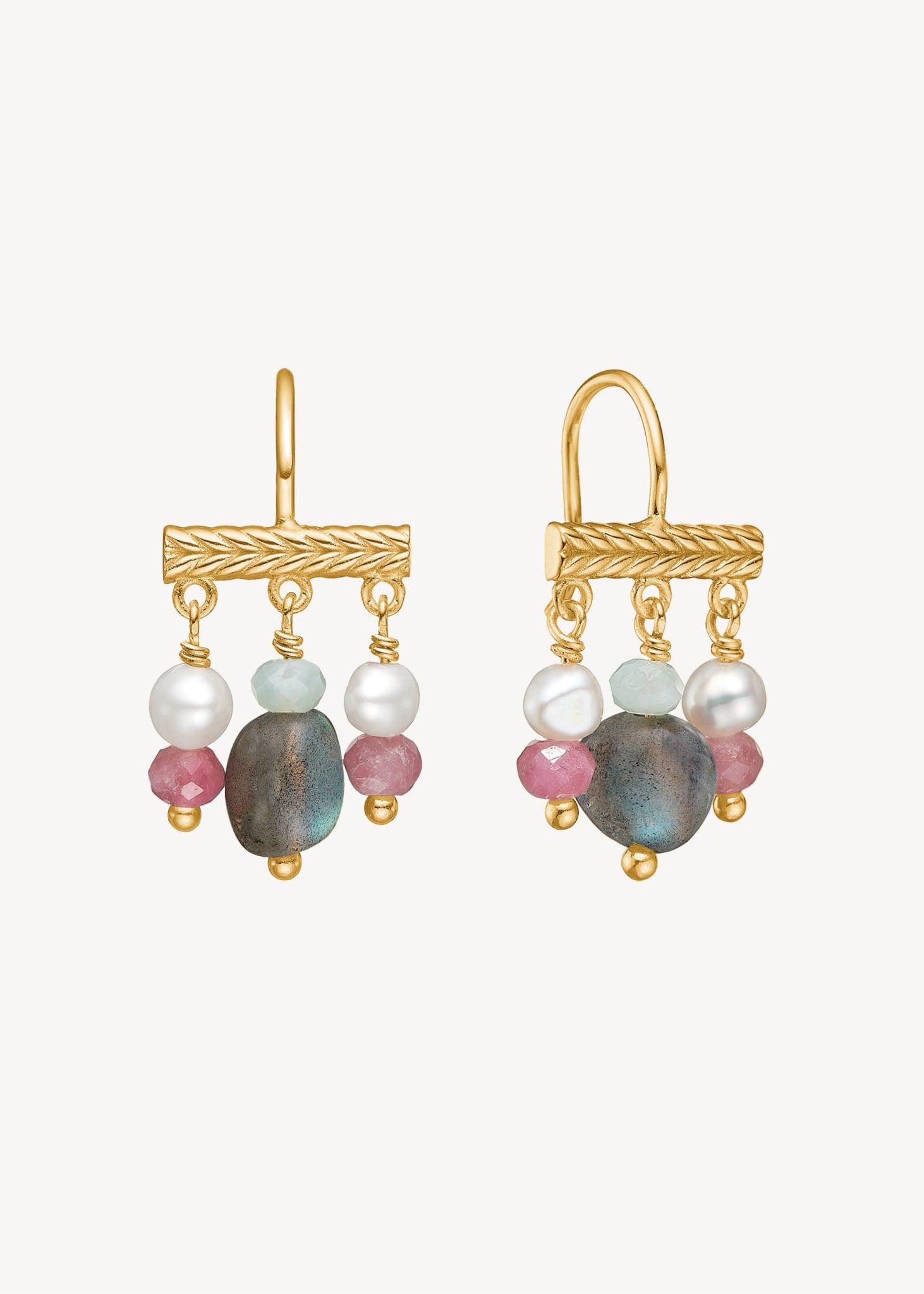 18k gold plated sterling silver long dangling earrings with herringbone pattern set with freshwater pearls, pink tourmaline, green chrysoprase and labradorite gemstones