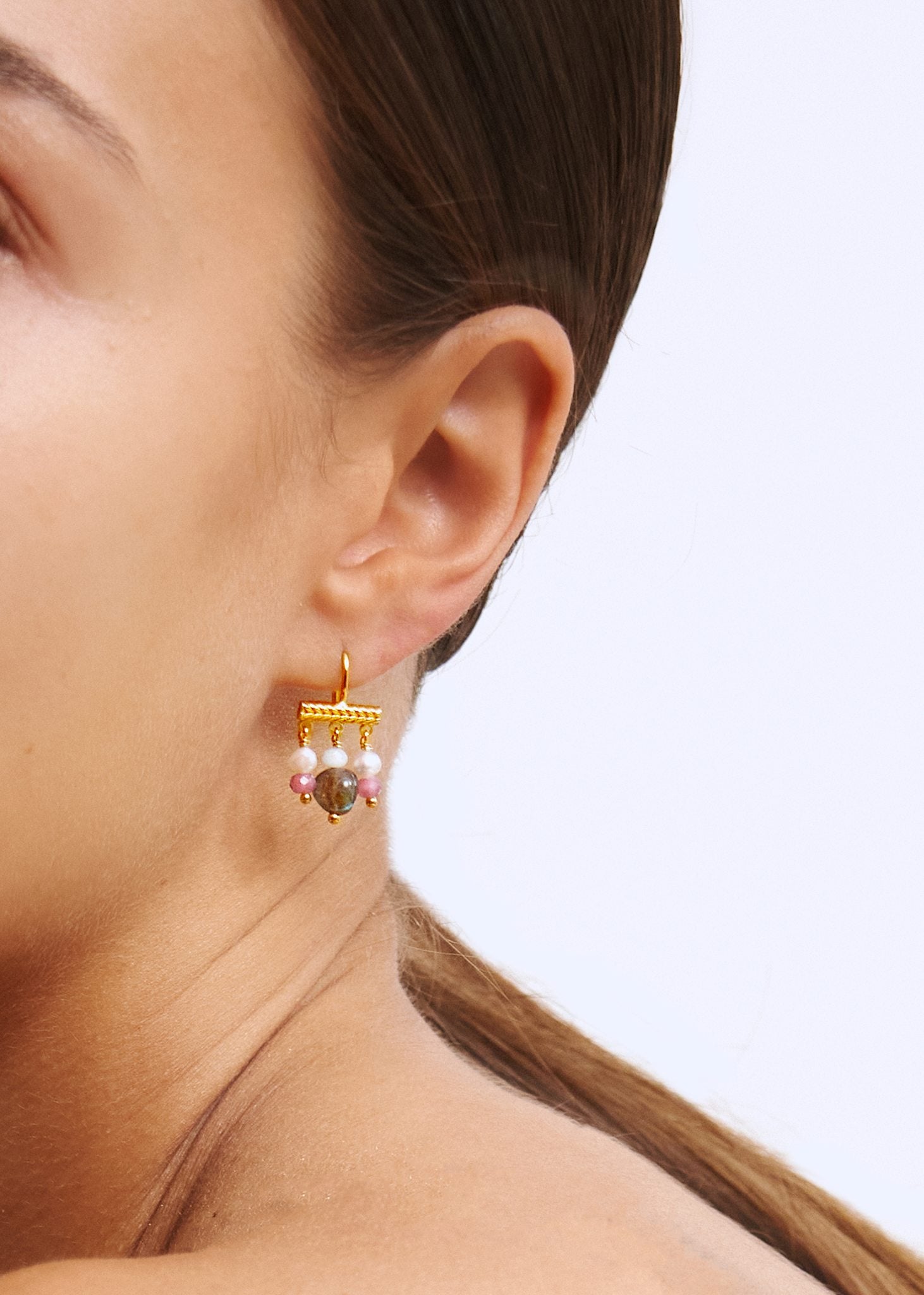 Mirage earrings with Labradorite, Chrysoprase, Pearl, and Tourmaline - gold plated