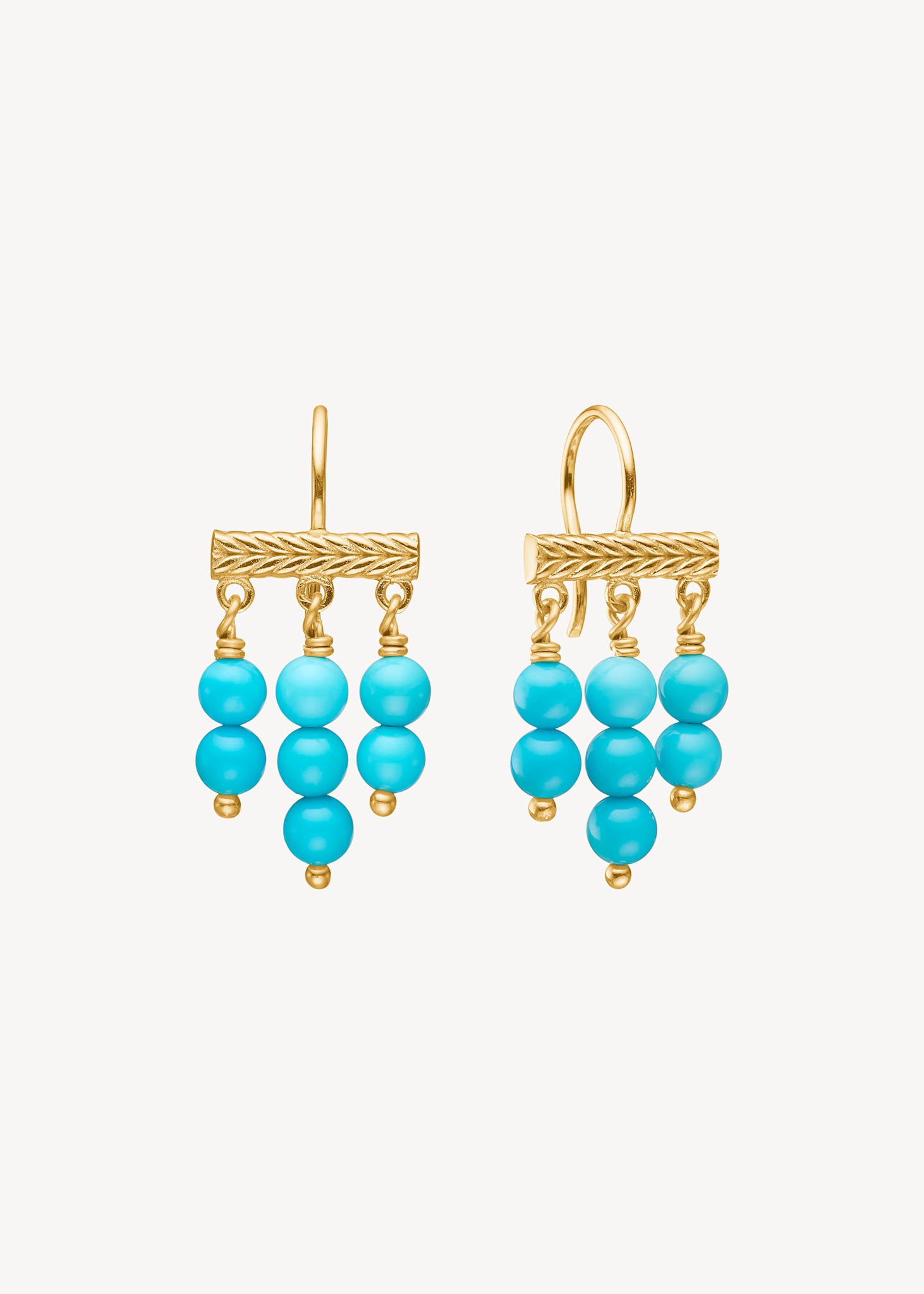 Long dangle earrings in gold plated silver with three rows of blue real turquoise gemstones, perfect gift for her with birthstones 