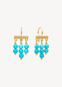 Long dangle earrings in gold plated silver with three rows of blue real turquoise gemstones, perfect gift for her with birthstones 