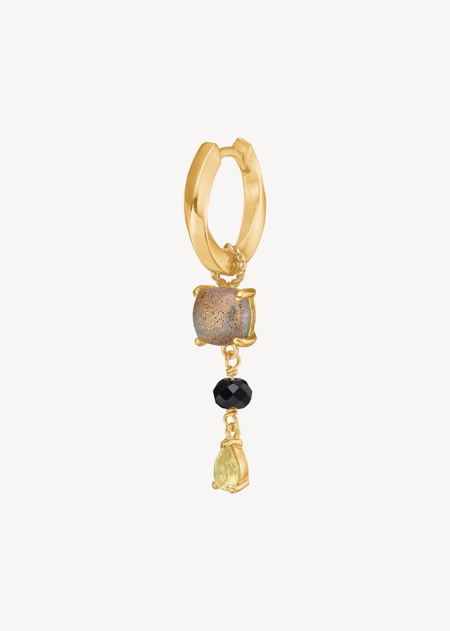 Lange hængeøreringe i guld med hoop og en charm med labradorit, sort spinel og lemon kvarts ædelsten til ham og hende 