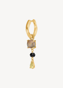Lange hængeøreringe i guld med hoop og en charm med labradorit, sort spinel og lemon kvarts ædelsten til ham og hende 