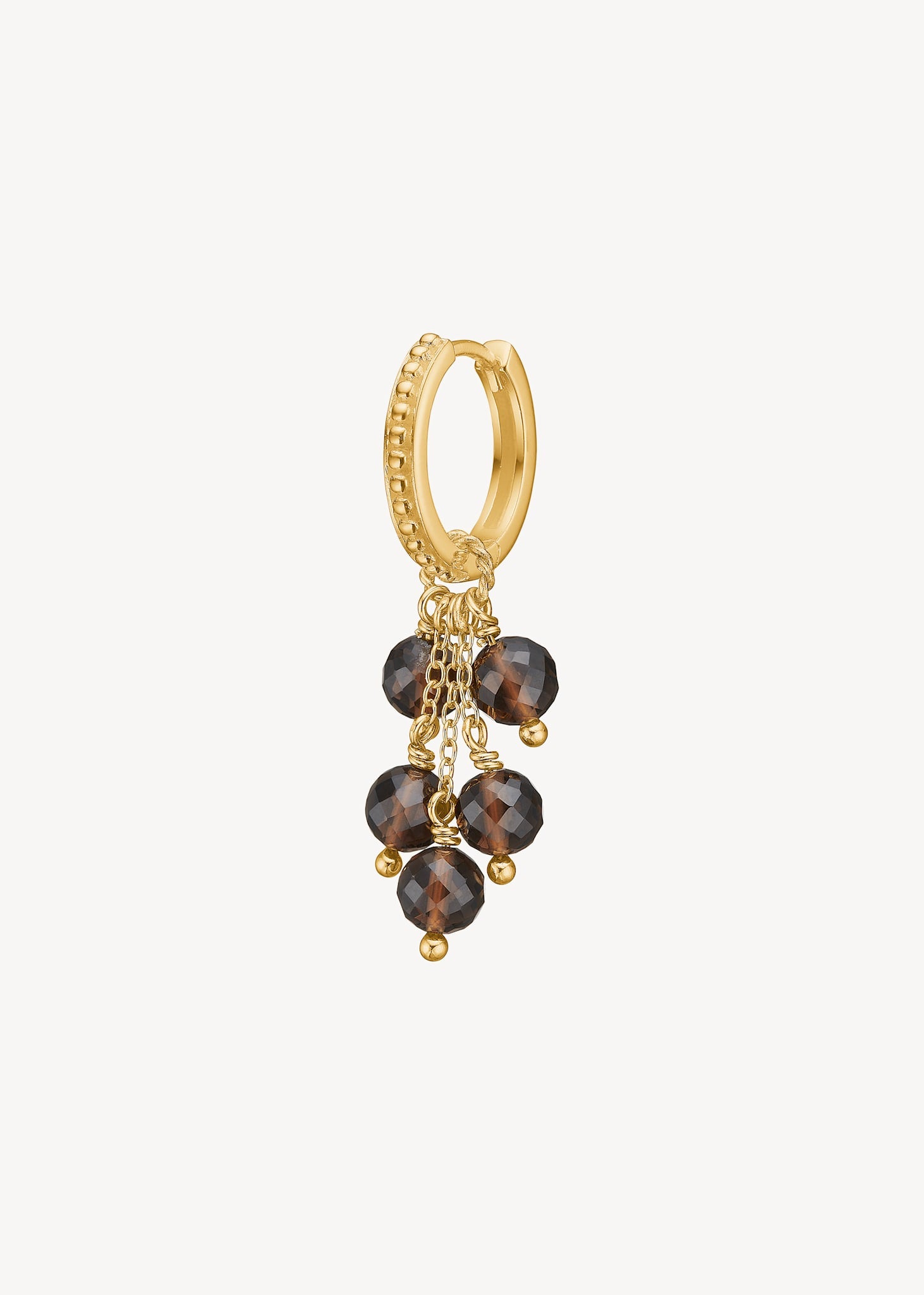 Long dangling hoop earrings with smokey brown quartz gemstone charm in gold