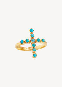 Unique ring in gold plated sterling silver on sale with blue turquoise gemstones in a cross shape, perfect summer ring and birthstone ring for december
