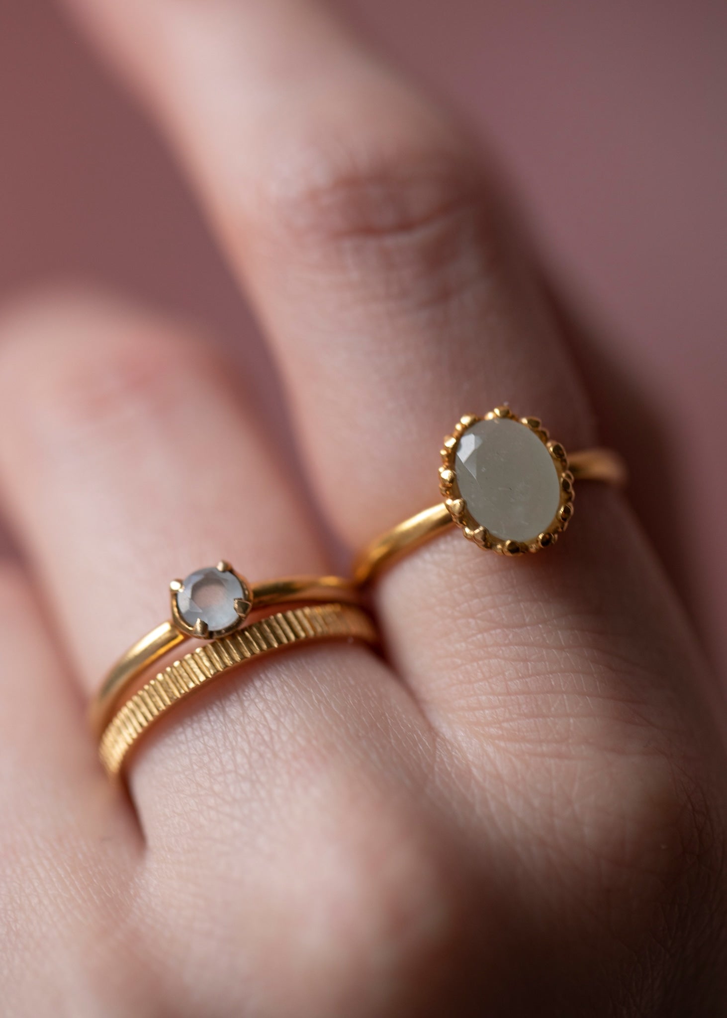 Birthstone rings in gold for March set with facet-cut Aquamarine gemstones in Danish design