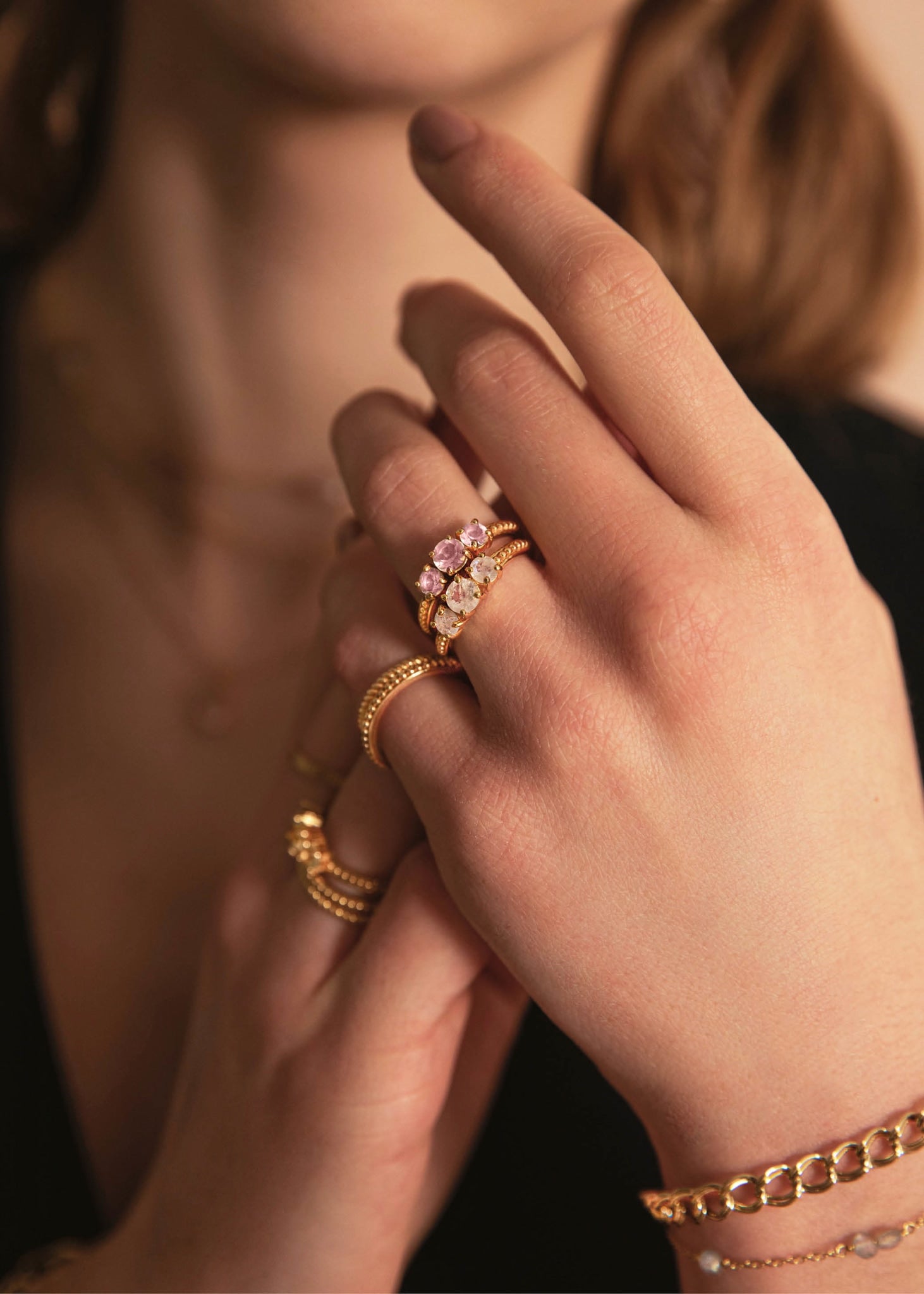 Valentine ring with Rainbow Moonstone - gold plated