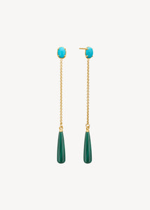 Long dangling gold earrings set with turquoise gemstones and a long gold plated sterling silver chain with two drops of green malachite gemstones in cabochon cuts