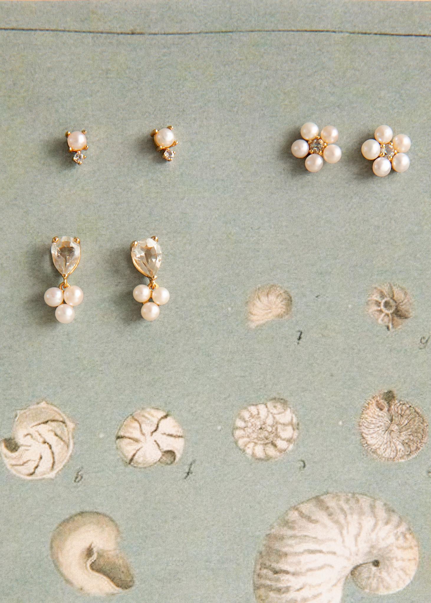 Bon Bon ear studs with Pearl and White Topaz - gold plated