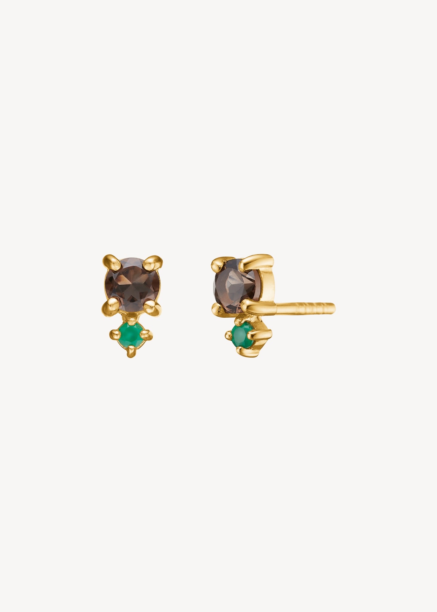 Bon Bon ear studs with Smokey Quartz and Green Agate - gold plated