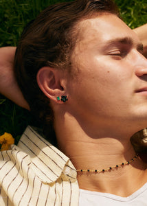 Flower ear studs with Green Agate and Black Agate - gold plated