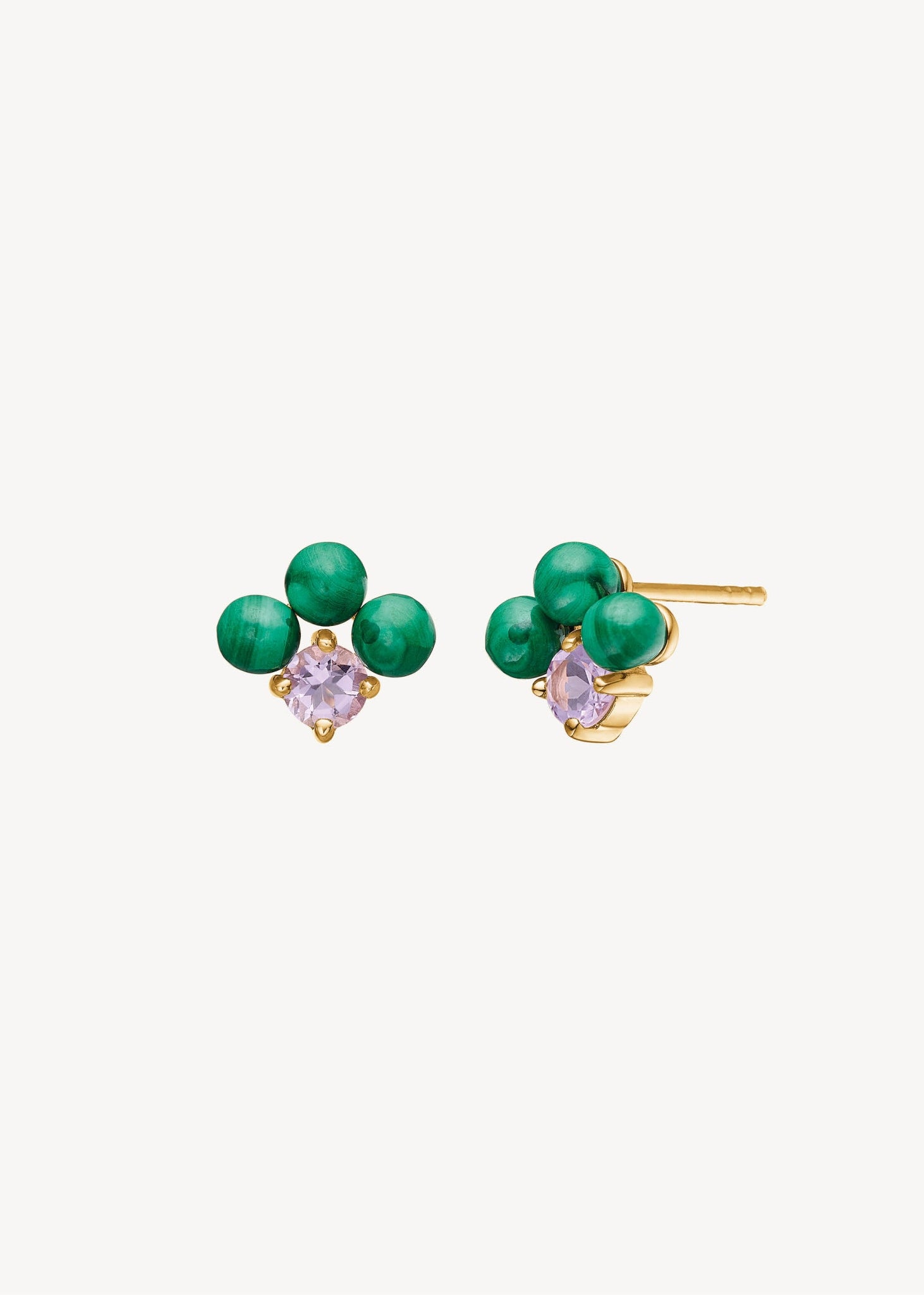 Anemone ear studs with Amethyst and Malachite - gold plated