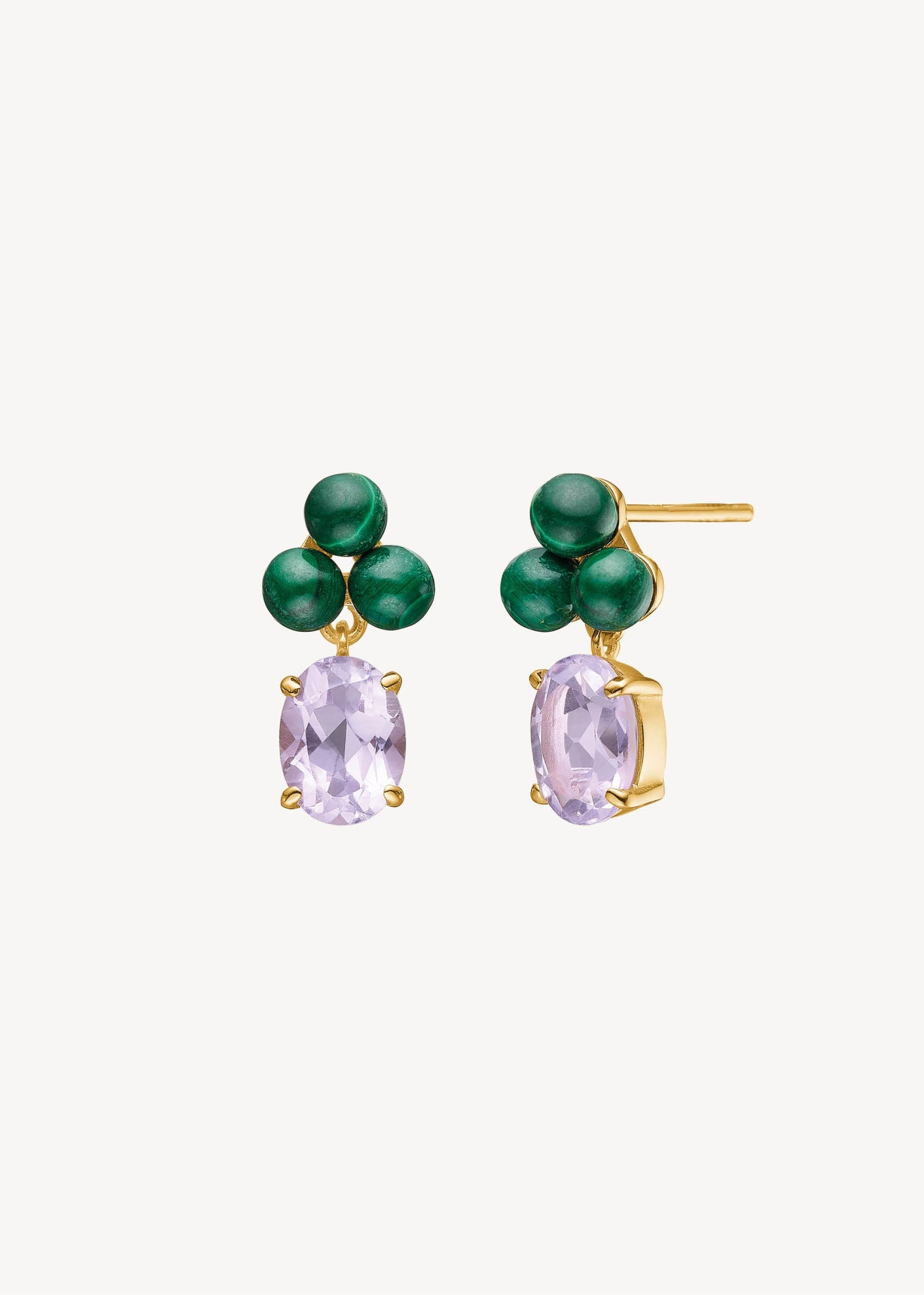 Audrey ear studs with Malachite and Amethyst - gold plated