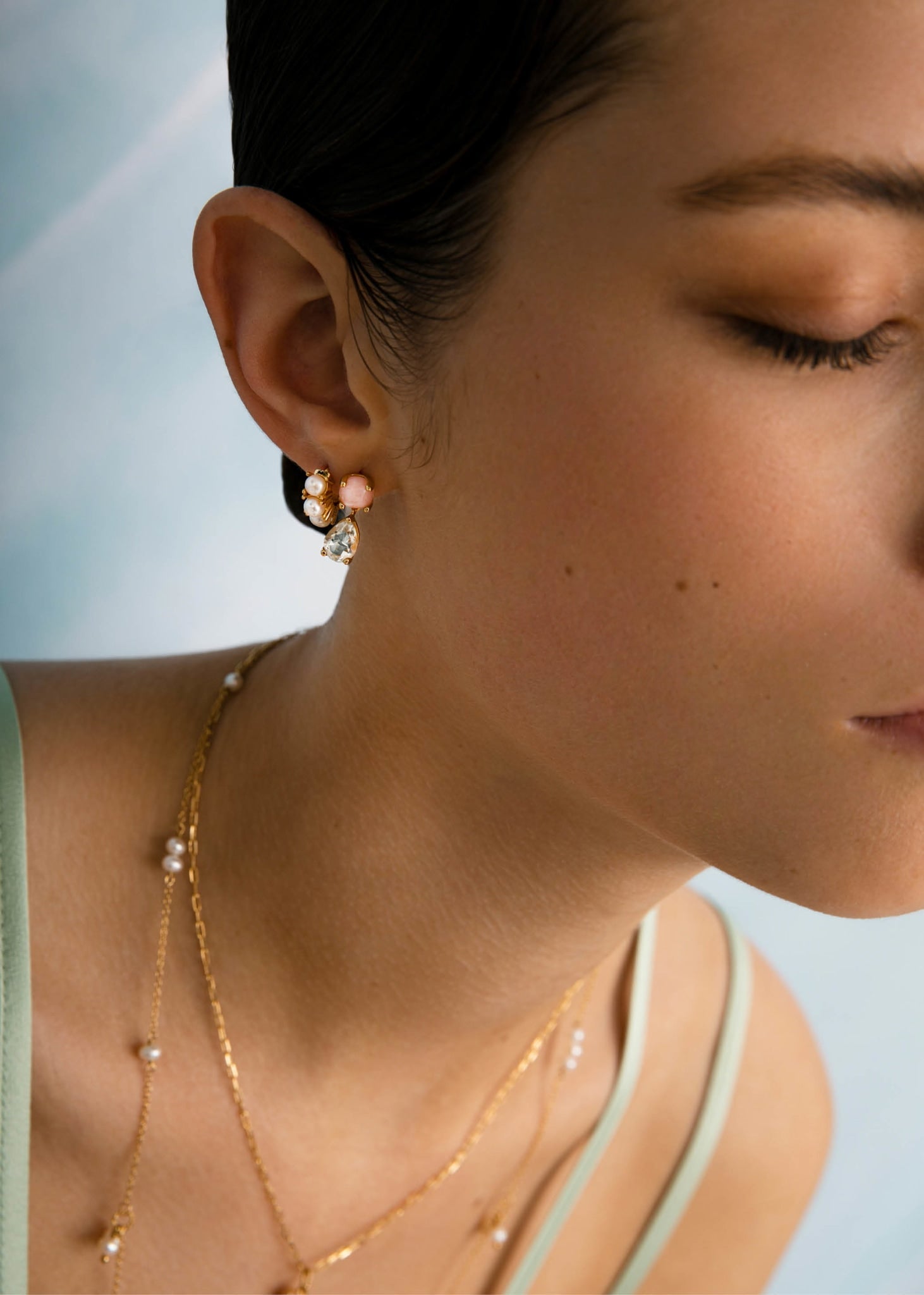 Pond ear studs with Pink Opal and Prasiolite - gold plated