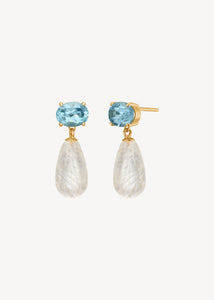 Elegante ørestikker i guldbelagt sterling sølv i hænge stil med blå topas og store dråber af gylden rutil kvarts ædelsten, perfekte som gaven til hende 