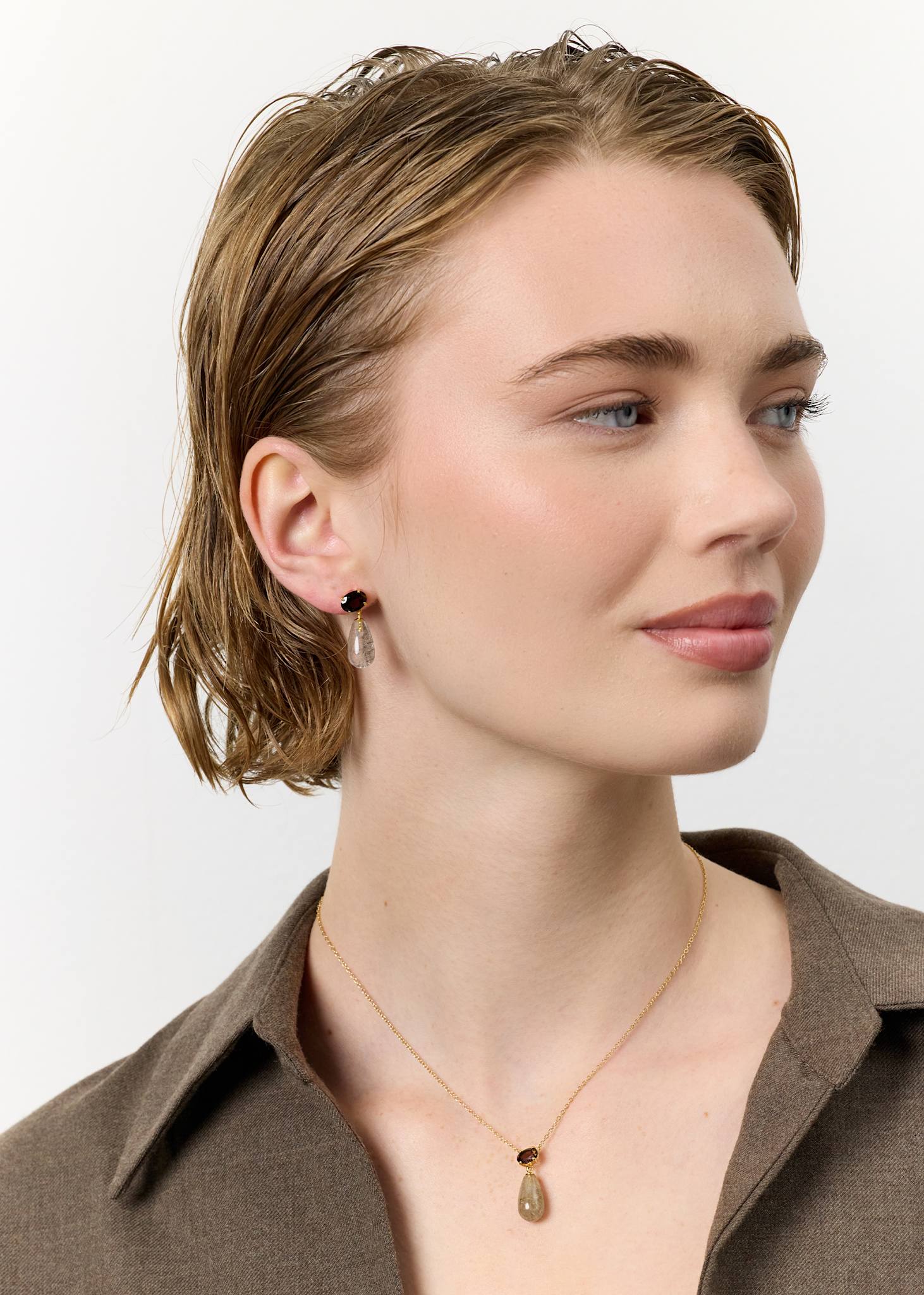 Polly ear studs with Smoky Quartz and Rutile Quartz - gold plated