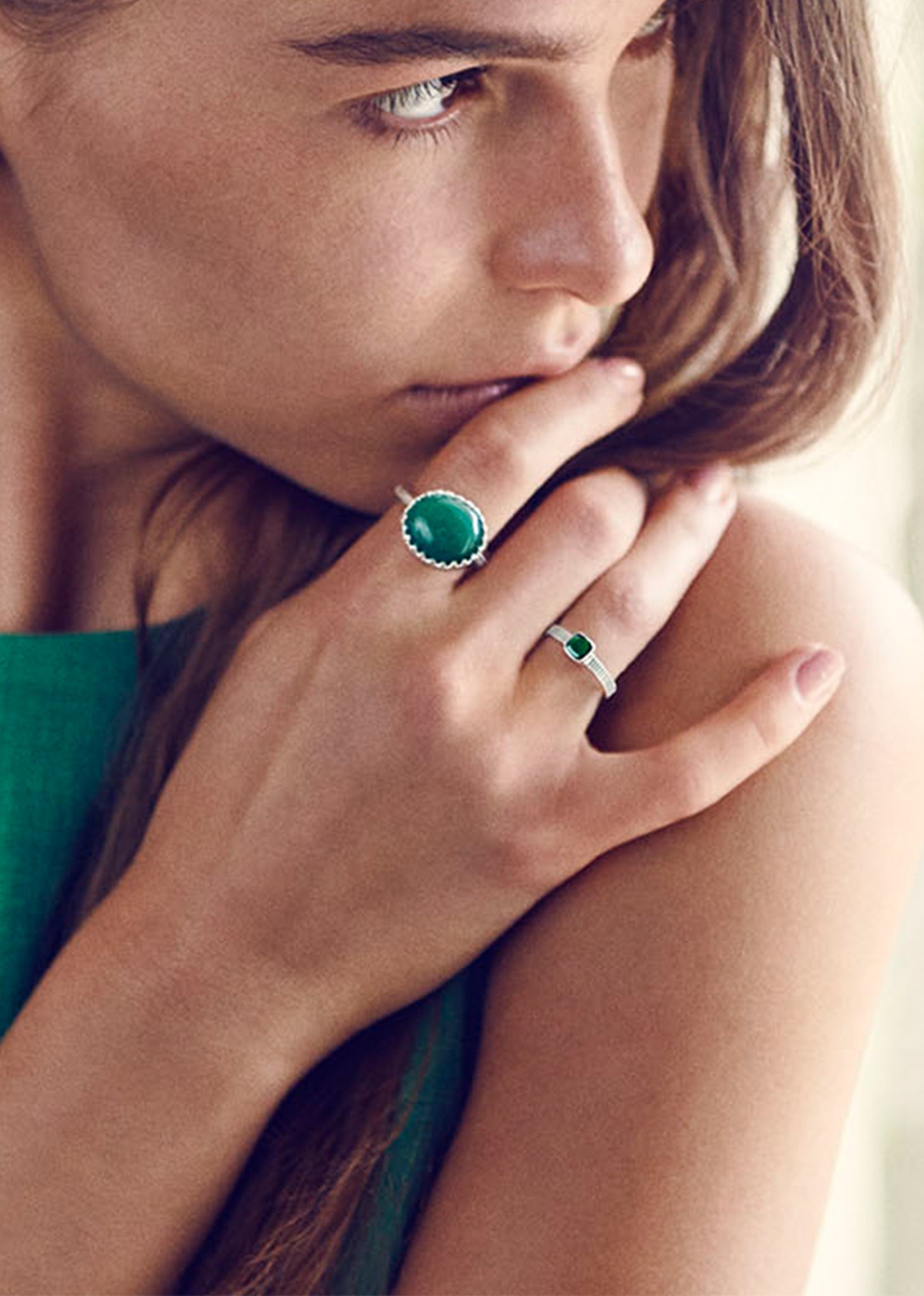 Sophia Roe wearing sterling silver rings with green agate gemstones from Carré Jewellery x Sophie Roe collection