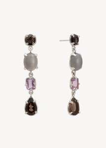 Rikke ear studs with smokey Quartz, grey Moonstone and Amethyst - silver