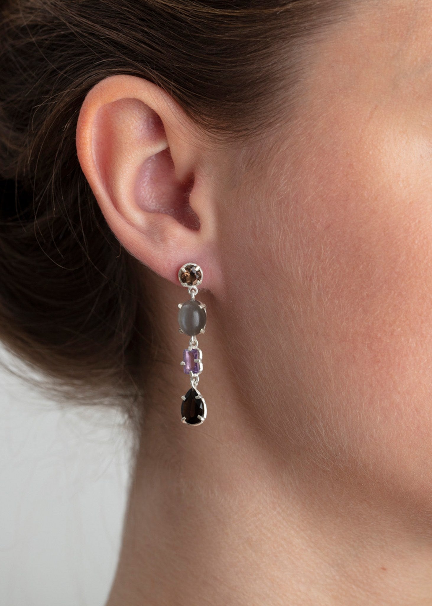 Rikke ear studs with smokey Quartz, grey Moonstone and Amethyst - silver