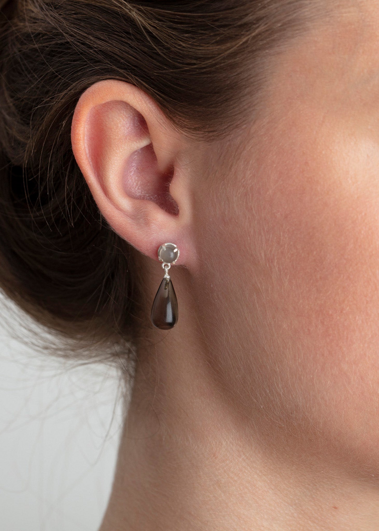 Hannah ear studs with grey Moonstone and smokey Quartz - silver