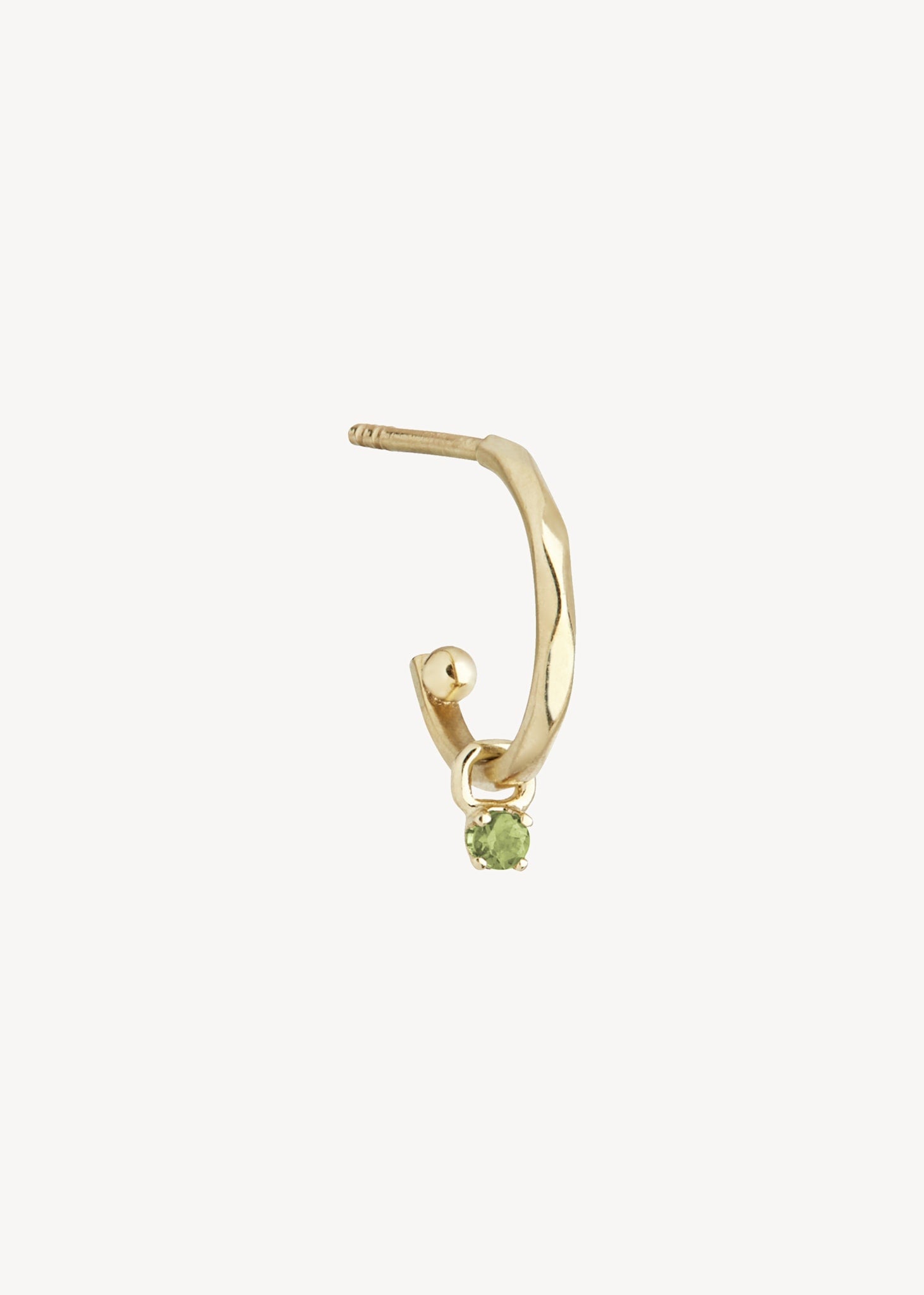 Small and cute hoops in 10 karat solid gold set with a facet-cut 2mm green tourmaline gemstone in prong settings