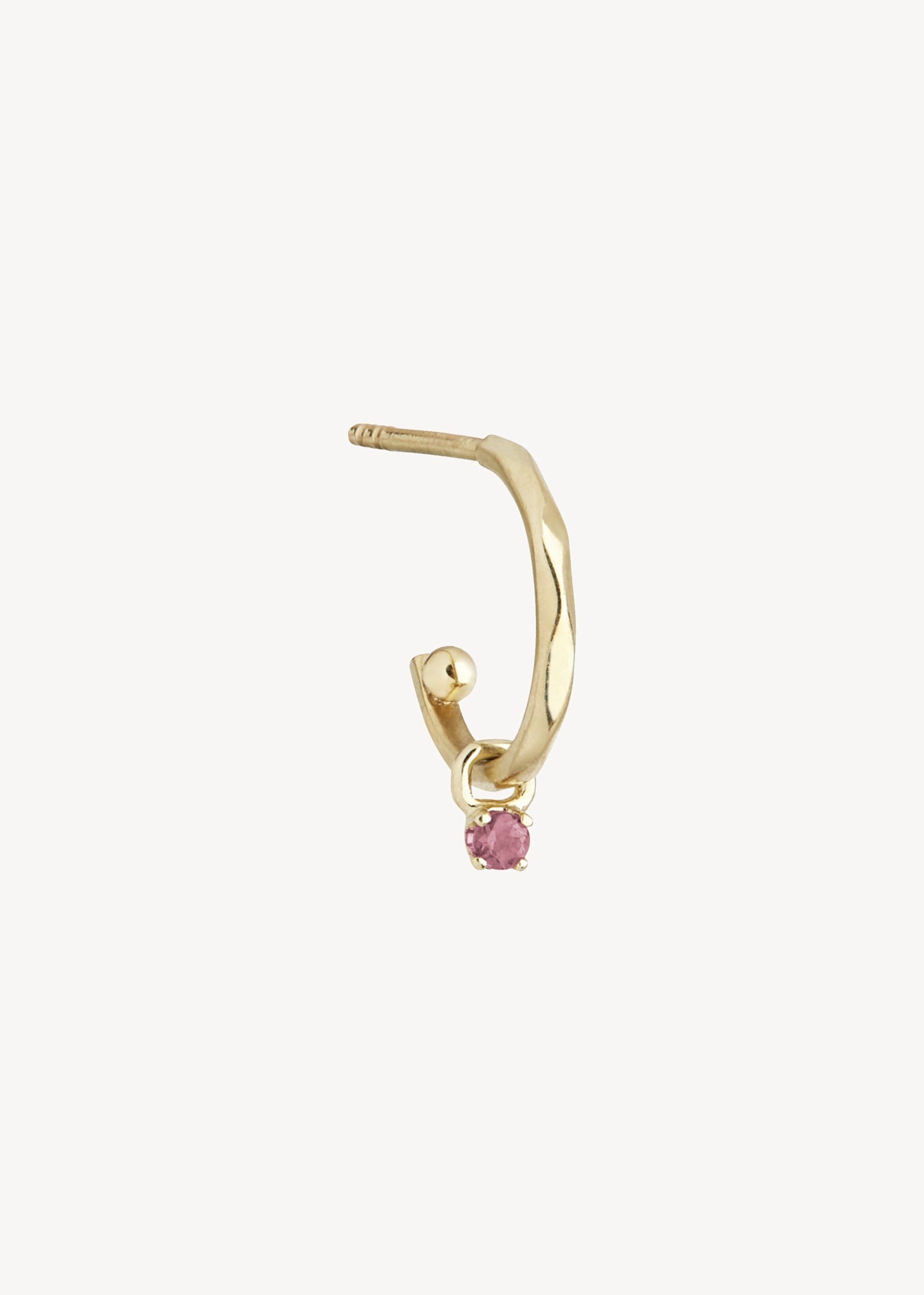 Small and cute hoops in 10 karat solid gold set with a facet-cut 2mm pink tourmaline gemstone in prong settings