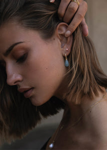 Woman wearing march's birthstone aquamarine earrings in real solid gold 