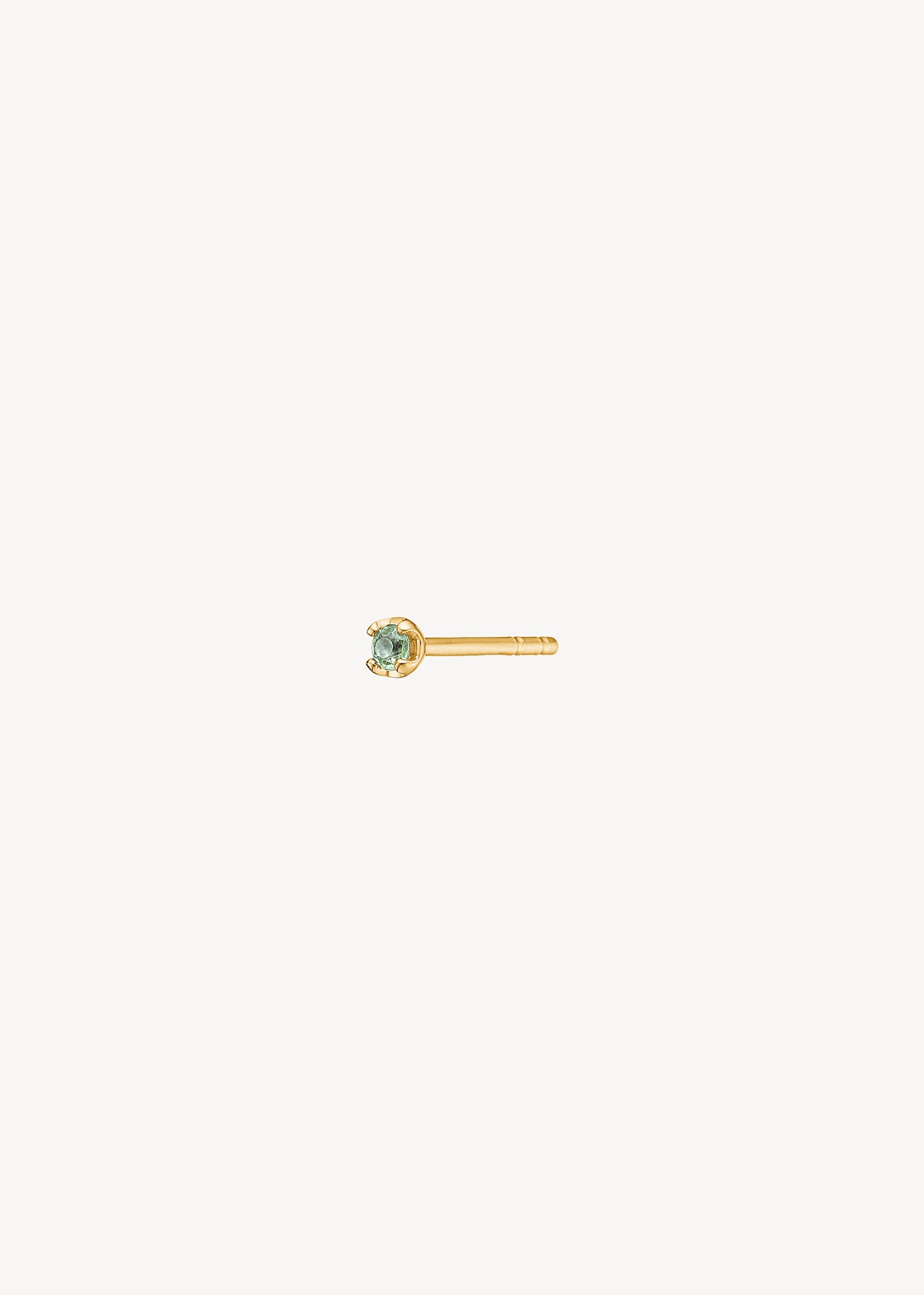 Small ear stud in 10 karat real gold set with a green tourmaline gemstone in a prong setting