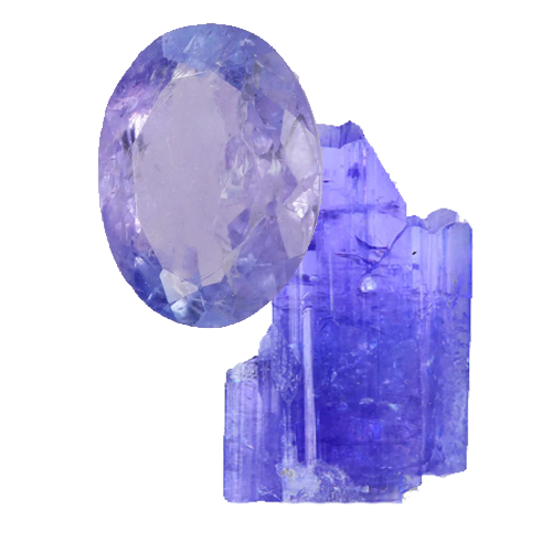 a facet-cut tanzanite and a raw tanzanite gemstone on a beige background