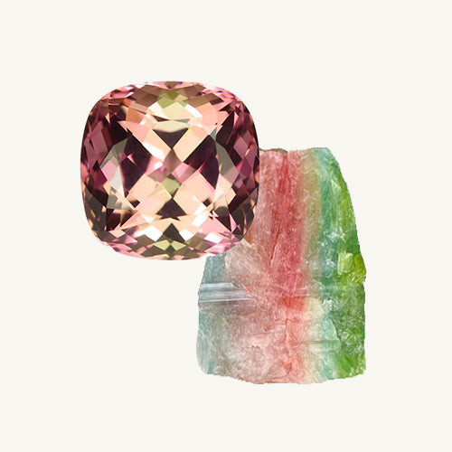 A facet-cut rainbow tourmaline and a raw tourmaline gemstone on a beige background