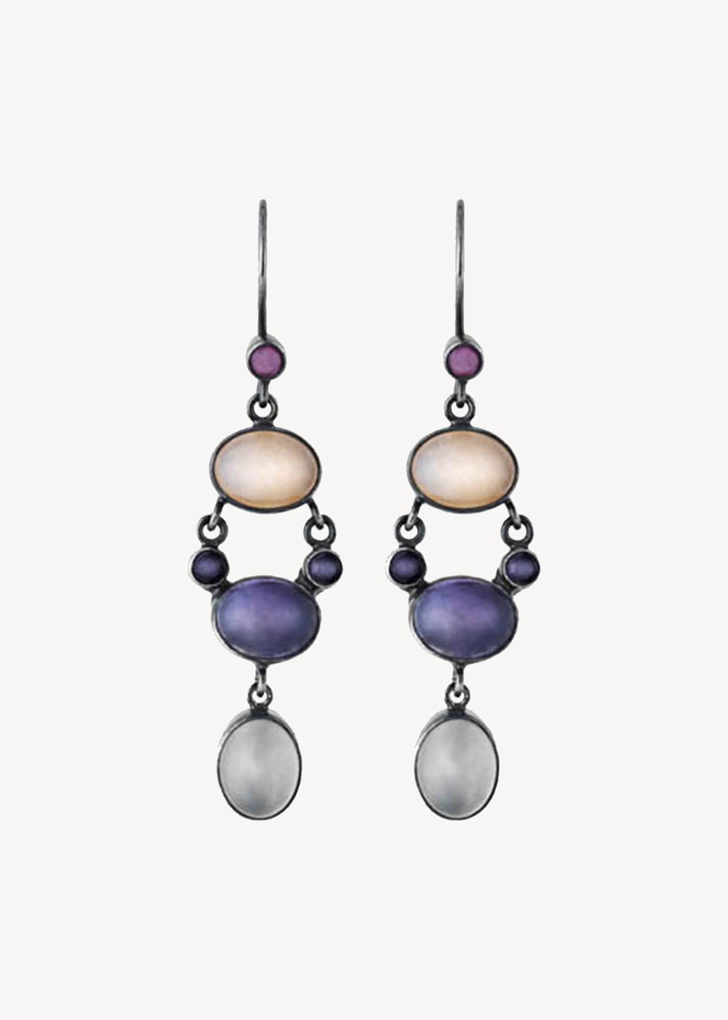 Celeste earrings with Ruby, Moonstone and Amethyst - oxidised silver