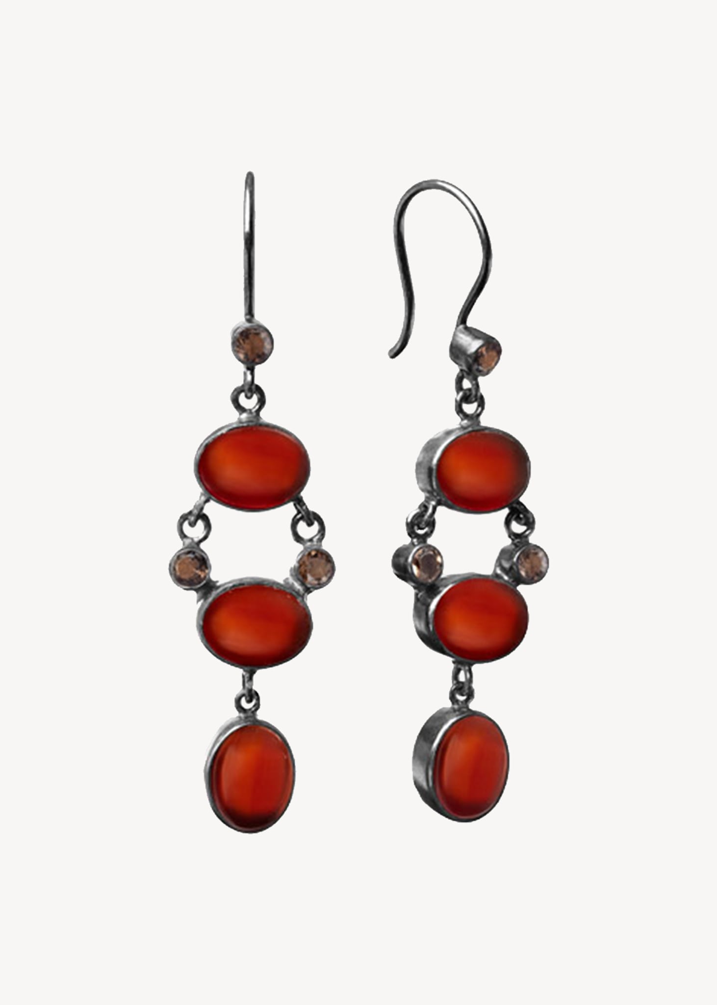 Celeste earrings with Carnelian and Smokey Quartz - oxidised silver