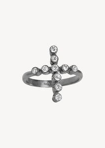 oxidised sterling silver croix ring with zirconia gemstones in a cross shape on sale with 60% off at Carré Jewellery